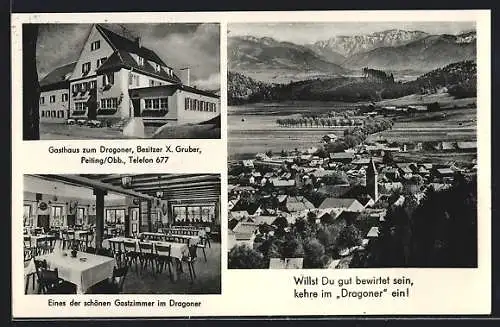 AK Peiting / Obb., Ortsansicht aus der Vogelschau, Gasthaus zum Dragoner mit Innenansicht