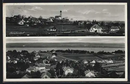 AK Oberschondorf, Ortsansicht mit Kirche, Blick auf Unterschondorf und Ammersee