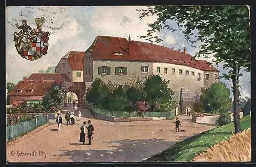 Künstler-AK Kitzingen /Unterfrkn., Schlossgut Schwanberg und Wappen