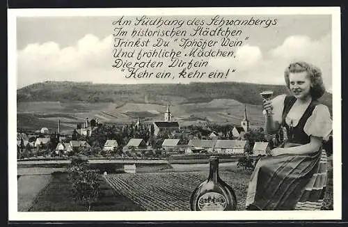 AK Iphofen /Mfr., Teilansicht und Frau mit Weinglas am Südhang des Schwanbergs, Reklame für Iphöfer Wein