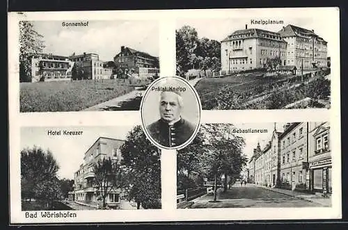 AK Bad Wörishofen, Hotel Kreuzer, Kreippianum, Sonnenhof, Portrait Prälat Kneipp