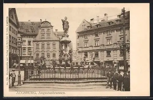 AK Augsburg, Augustusbrunnen mit Passanten