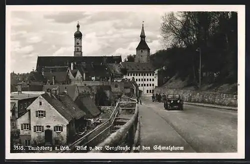 AK Landsberg a. d. Lech, Blick von der Bergstrasse auf den Schmalzturm, mit Automobil