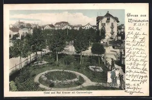 AK Wörishofen, Hotel und Bad Kreuzer mit Gartenanlagen