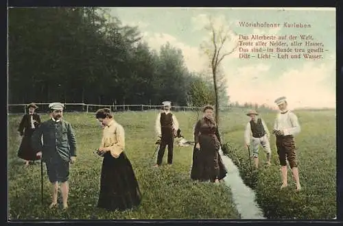 AK Bad Wörishofen, Kurleben, Leute auf der Wiese und am Wasserlauf