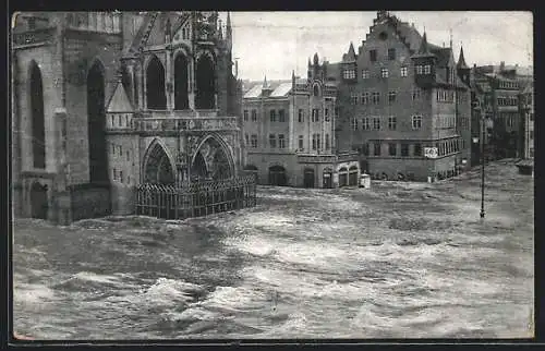 AK Nürnberg, Hochwasser-Katastrophe im Februar 1909, Hauptmarkt und Liebfrauenkirche