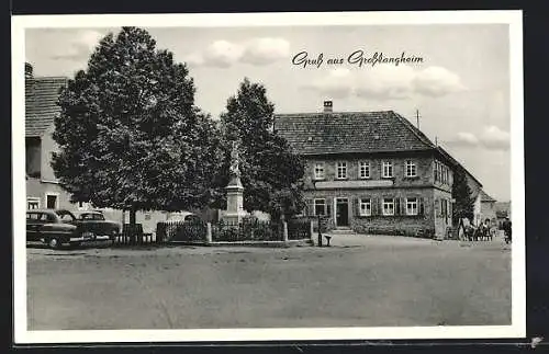 AK Grosslangheim, Strassenpartie mit Gasthaus Baumann und Denkmal