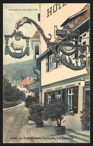 AK Herrenalb /Schwarzwald, Hotel zur Post, Wirtschild aus dem Jahre 1780