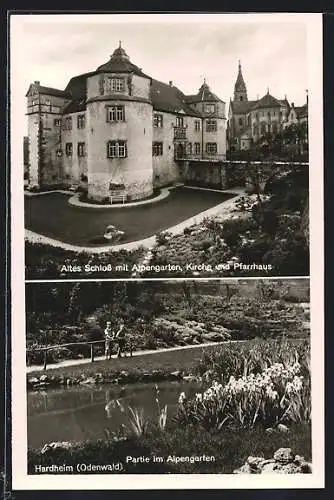 AK Hardheim /Odenwald, Altes Schloss mit Alpengarten, Kirche und Pfarrhaus, Partie im Alpengarten