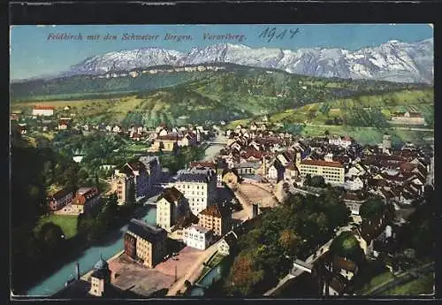 AK Feldkirch, Ortsansicht mit den Schweizer Bergen
