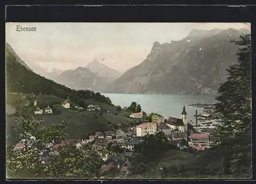 AK Ebensee, Ortsansicht aus der Vogelschau