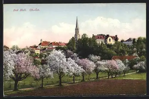 AK Bad Hall, Ortsansicht mit Kirche im Frühling