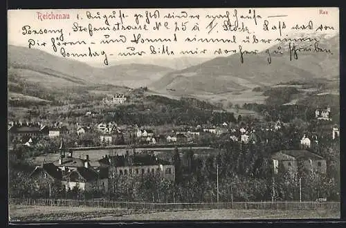 AK Reichenau, Ortsansicht mit Rax im Hintergrund