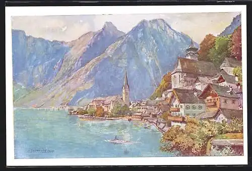 Künstler-AK Hallstatt am Hallstättersee, Ortsansicht