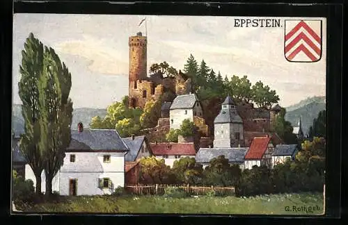 Künstler-AK Eppstein, Burgruine mit besteigbarem Turm (10. Jahrhundert)