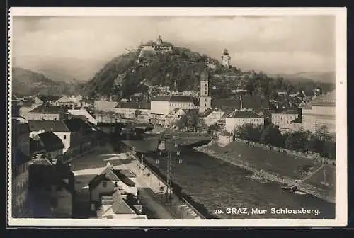 AK Graz, Blick auf Mur und Schlossberg