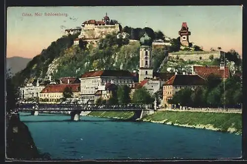 AK Graz, Brücke über die Mur, Blick zum Schlossberg