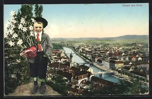 AK Graz, Blick auf die Stadt, Junge in Tracht mit Edelweiss