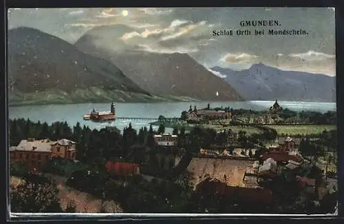 AK Gmunden, Ortsansicht mit Schloss Orth bei Mondschein