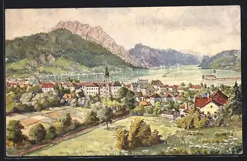 Künstler-AK Gmunden, Panorama des Ortes vom Kalvarienberg