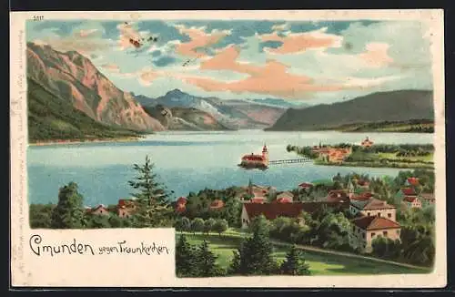Lithographie Gmunden, Ortsansicht gegen Traunkirchen