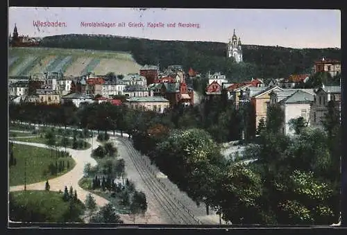 AK Wiesbaden, Nerotalanlagen mit Griech. Kapelle und Neroberg