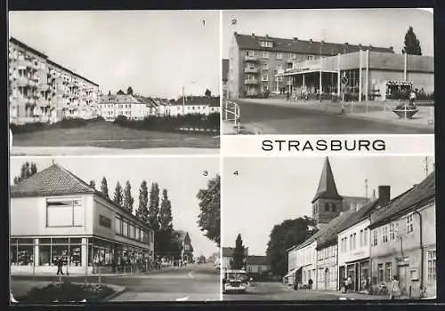 AK Strasburg, Friedensstrasse, Konsum-Kaufhalle, Kontakt-Kaufhaus und Markt