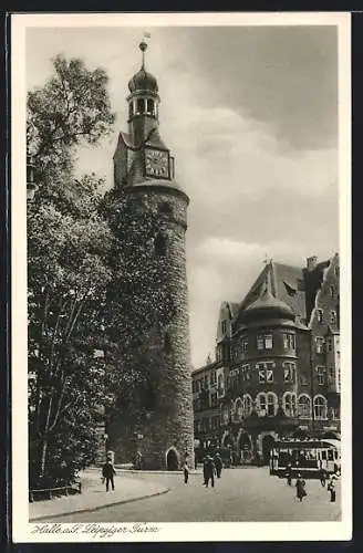 AK Halle / Saale, Partie am Leipziger Turm, Strassenbahn