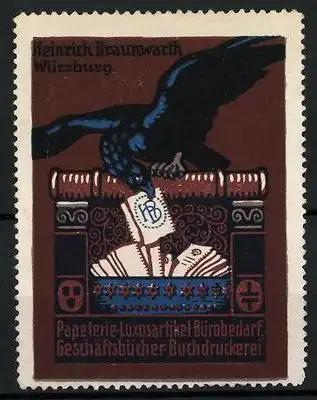 Reklamemarke Buchdruckerei Heinrich Branwarth, Würzburg, Papeterie & Geschäftsbücher, Adler mit Buch