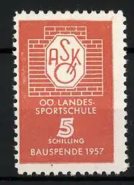 Reklamemarke Bauspende f. d. Oö. Landes-Sportschule 1957, Logo mit Mauer