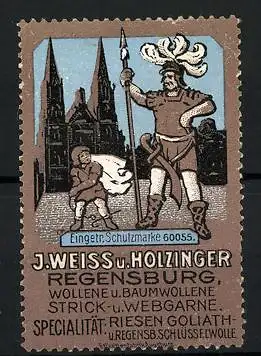 Reklamemarke Strick- und Webgarne J. Weiss & Holzinger, Regensburg, Ritter mit Knappe vor der Stadt