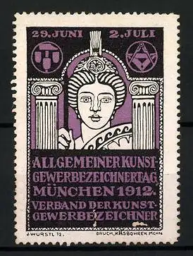 Reklamemarke München, Allgemeiner Kunst- und Gewerbezeichnertag 1912, Frauenkopf und Säulen