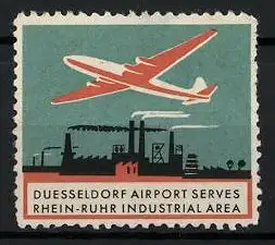 Reklamemarke Düsseldorf, Airport Serves Rhein-Ruhr Industrial Area, Fabrikansicht und Passagierflugzeug