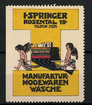 Reklamemarke Manufaktur und Modewaren, I. Springer, Rosental 19, zwei Engel tragen Stoffe