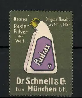 Reklamemarke Pudras Rasierpulver, Dr. Schnell & Co. GmbH, München, Flasche