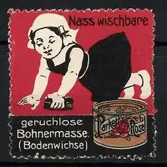 Reklamemarke Parkett-Rose - nass wischbare & geruchlose Bohnermasse, Hausfrau mit Bürste, Dose