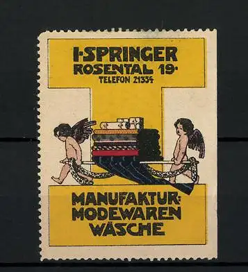 Reklamemarke Manufaktur und Modewaren, I. Springer, Rosental 19, zwei Engel tragen Stoffe