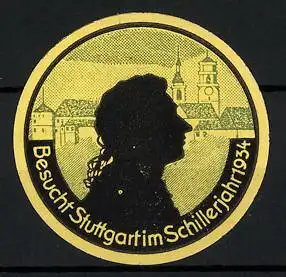 Reklamemarke Stuttgart, Stadtansicht, Silhouette des Dichters Schiller