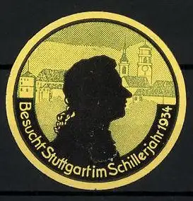 Reklamemarke Stuttgart, Stadtansicht, Silhouette des Dichters Schiller