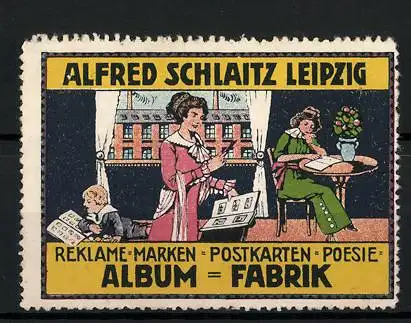 Reklamemarke Album-Fabrik Alfred Schlaitz, Leipzig, Reklame-Marken, Postkarten und Poesie, Familie mit Alben