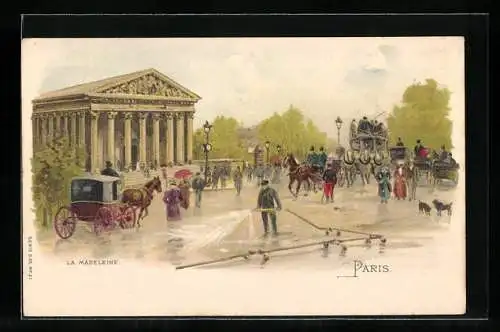 Lithographie Paris, Église de la Madeleine mit Pferdekutschen