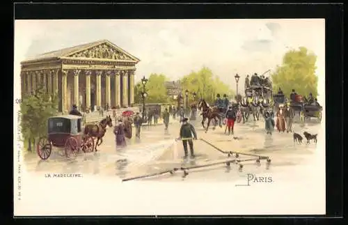 Lithographie Paris, Église de la Madeleine mit Pferdekutschen