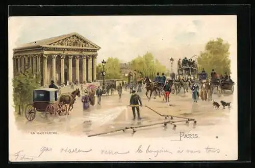 Lithographie Paris, Église de la Madeleine mit Pferdekutschen