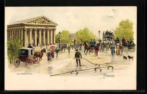 Lithographie Paris, Église de la Madeleine mit Pferdekutschen