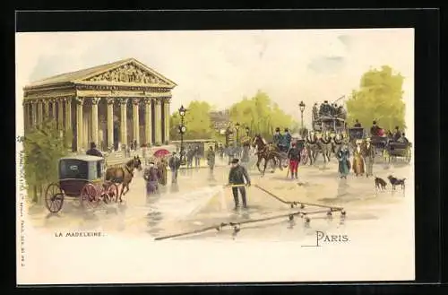 Lithographie Paris, Église de la Madeleine mit Pferdekutschen