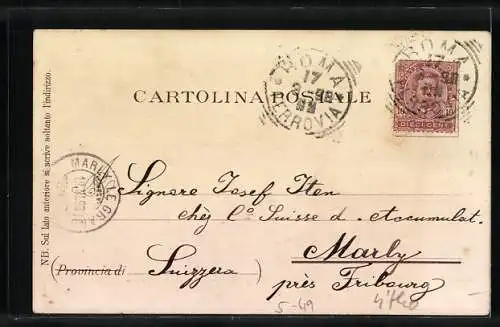 Lithographie Rom, Partie mit Angler am Castel S. Angelo