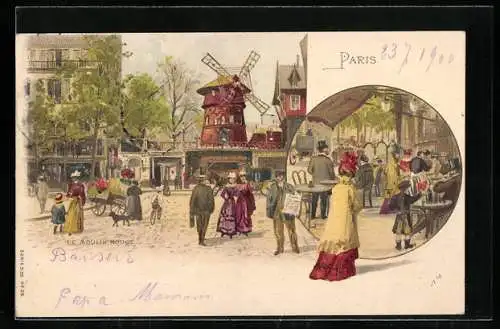 Lithographie Paris, Moulin Rouge, Strassenpartie