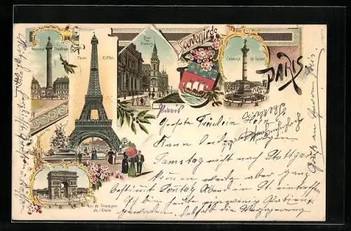 Lithographie Paris, Tour Eiffel, Colonne Vendome, Arc de Triomphe