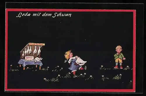 Künstler-AK Wohlgemuth & Lissner, Primus-Postkarte No. 1132: Jugendstreiche, Leda mit dem Schwan