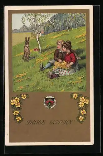 Künstler-AK T. Welzl: Deutscher Schulverein Nr. 157, Frohe Ostern, Kinder und Feldhase